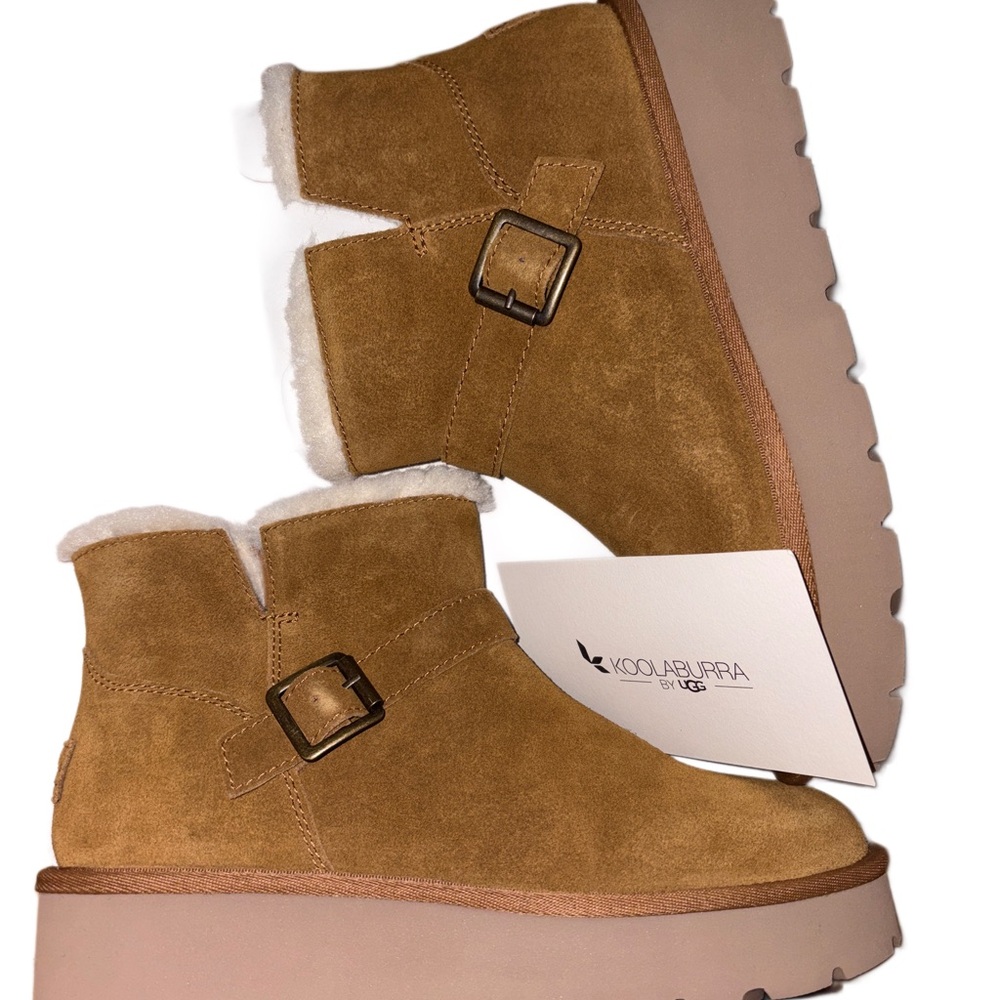 Koolaburra Tan Suede Shearling-Lined Buckle Ankle Booties